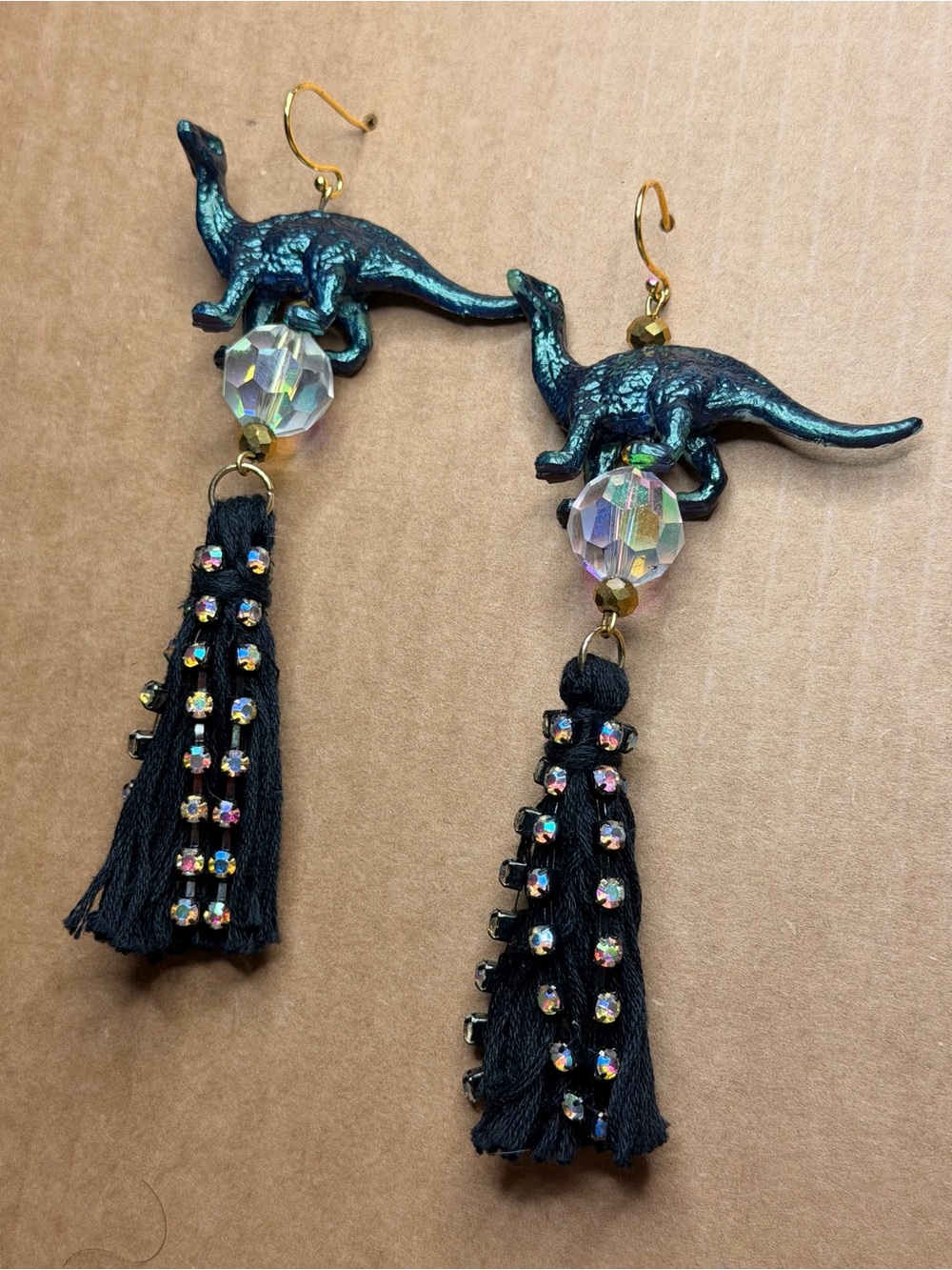 Wacky Disco Dinosaur Tassel Drop Earrings -  Iridescent & Black